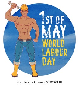International labor day. The first of may. Illustration of a young man in overalls with a wrench.