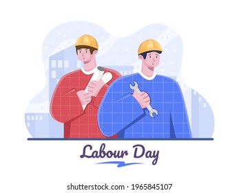 International Labor Day Flat Vector Illustration, International Workers'Day design illustration, Greeting Labour Day and celebration together. Construction worker. Suitable for banner, poster, web