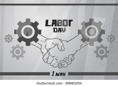 International Labor Day, Handshake Worker Agreement Concept Cogwheel Gray Steel Metal Background Vector Illustration