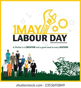 International Labor Day. Labour day. May 1st. 3D illustration, Construction worker, Female Doctor, Policeman, Chef woman, Fireman standing together celebrate Labour day. Flat style vector illustration