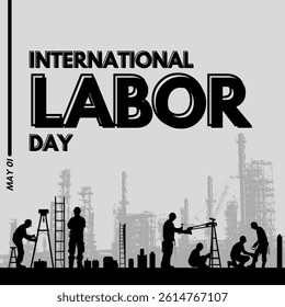 International Labor Day, May 01. Silhouette vector illustration. Simple design for Labor Day celebration with silhouette people and construction