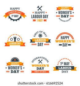 International Labor Day May 1st badges, logo, labels, design elements, templates, sticker concepts, icons, signs set usable for greeting cards, posters, banners.