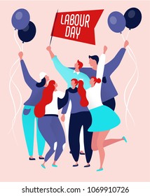 International Labor Day On May, Happy Workers Jumping With Text Labour Day
