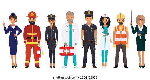 International Labor Day. People of different professions set on a white background. Stewardess, Fireman, Police, Doctor, Nurse, Builder, Teacher. Vector illustration in a flat style 