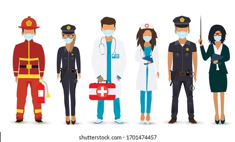 International Labor Day. People of different professions set on a white background. Fireman, Police, Doctor, Nurse, Teacher. Vector illustration in a flat style. Fight against covid-19 viruses.