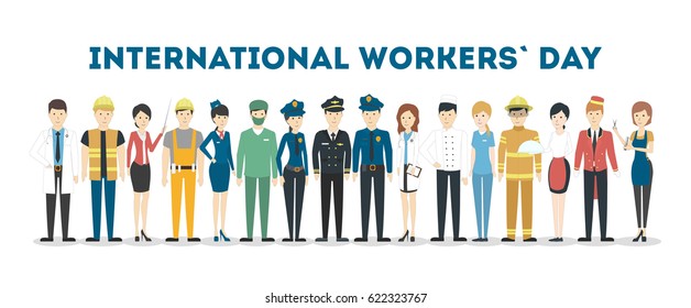 International labor day. People with different jobs as plumber, doctor and more. White background.