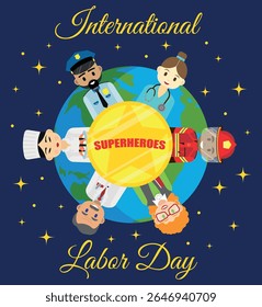 cartaz do dia internacional do trabalho com figuras de pessoas de diferentes profissões em uniforme profissional