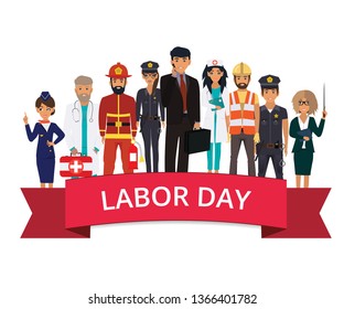International Labor Day with ribbon. People of different professions set on a white background. Stewardess, Fireman, Police, Doctor, Nurse, Builder, Teacher. Vector illustration in a flat style