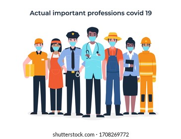 International Labor Day. Set people characters actual important professions covid 19. Coronavirus pandemic, epidemic. Flat vector cartoon modern illustration concept for banner, poster, layout.