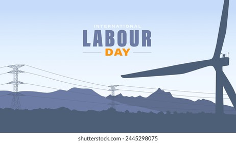 International labour day background illustration with electrical transmision system and wind turbine