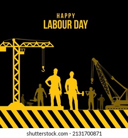 International Labour day background with silhouette of tower crane and heavy machinery. Happy Labour Day Vector with silhouette of workers and under construction sign.