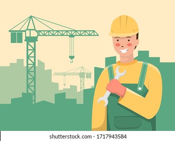 international labour day background. worker carrying a wrench stands in front of the silhouette city building and a crane. banner, vector illustration