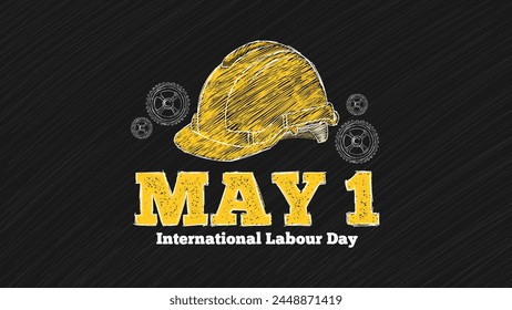 International Labour Day Banner With Hard Safety Hat Chalk Illustration Style