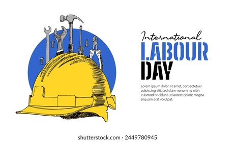 International Labour Day Banner With Hard Safety Helmet Tool Hand Drawn Illustration