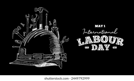 International Labour Day Banner With Hard Safety Hat and Tools Chalk Illustration Style