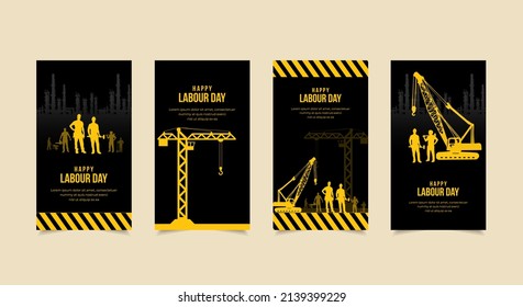 International Labour day design Stories Collection. Labour day template stories suitable for promotion, marketing etc. International Labour day background with silhouette of tower crane and machine