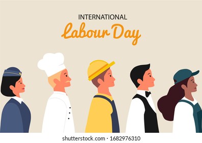 International Labour day flat vector illustration for banner greeting card background poster and other use. Concepts of chefs, flight attendants, coolies, baristas, waiters, janitors look up.