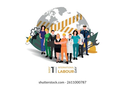 International Labour day. Group of Workers from different occupation standing on globe with hammer, safety helmet background.1st May. Labor day banner design. Vector illustration. 