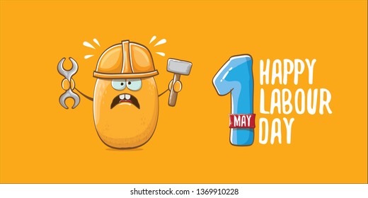 International labour day horizontal banner . vector funny cartoon brown smiling worker potato with engineer helmet holding hummer and wrench isolated on orange horizontal background. Mayday poster 