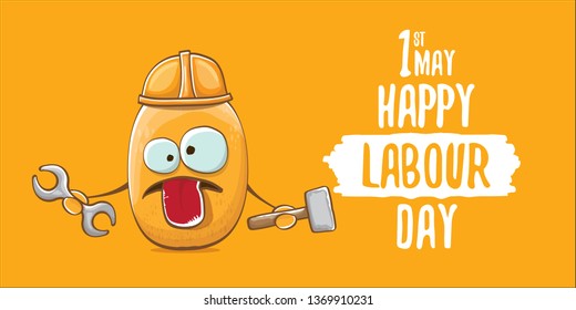 International labour day horizontal banner . vector funny cartoon brown smiling worker potato with engineer helmet holding hummer and wrench isolated on orange horizontal background. Mayday poster 