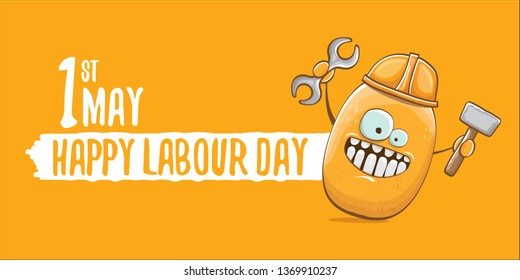 International labour day horizontal banner . vector funny cartoon brown smiling worker potato with engineer helmet holding hummer and wrench isolated on orange horizontal background. Mayday poster 