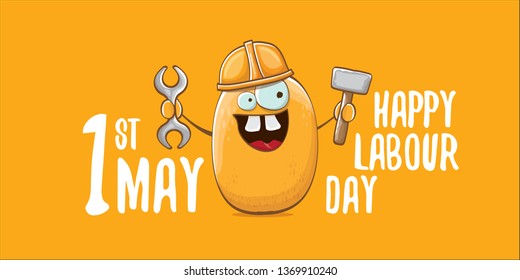 International labour day horizontal banner . vector funny cartoon brown smiling worker potato with engineer helmet holding hummer and wrench isolated on orange horizontal background. Mayday poster 