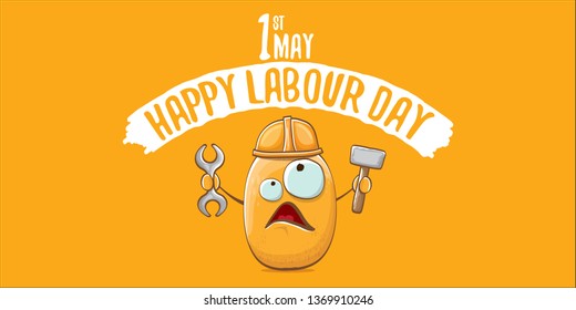 International labour day horizontal banner . vector funny cartoon brown smiling worker potato with engineer helmet holding hummer and wrench isolated on orange horizontal background. Mayday poster 