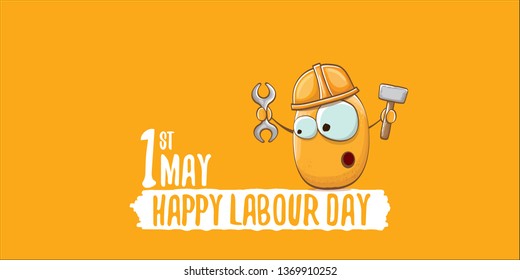 International labour day horizontal banner . vector funny cartoon brown smiling worker potato with engineer helmet holding hummer and wrench isolated on orange horizontal background. Mayday poster 