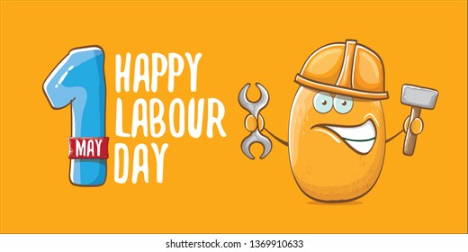 International labour day horizontal banner . vector funny cartoon brown smiling worker potato with engineer helmet holding hummer and wrench isolated on orange horizontal background. Mayday poster 