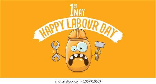 International labour day horizontal banner . vector funny cartoon brown smiling worker potato with engineer helmet holding hummer and wrench isolated on orange horizontal background. Mayday poster 