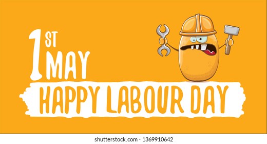 International labour day horizontal banner . vector funny cartoon brown smiling worker potato with engineer helmet holding hummer and wrench isolated on orange horizontal background. Mayday poster 