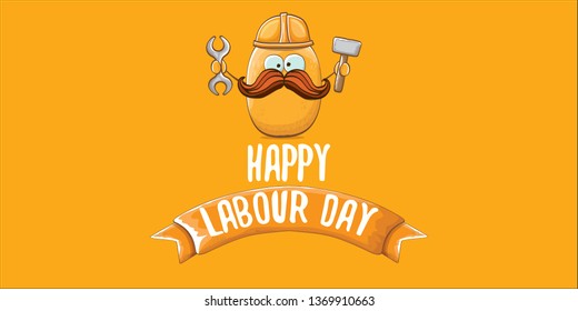 International labour day horizontal banner . vector funny cartoon brown smiling worker potato with engineer helmet holding hummer and wrench isolated on orange horizontal background. Mayday poster 