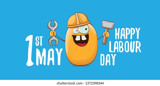 International labour day horizontal banner . vector funny cartoon brown smiling worker potato with engineer helmet holding hammer and wrench isolated on blue horizontal background. Mayday poster