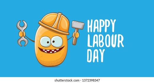International labour day horizontal banner . vector funny cartoon brown smiling worker potato with engineer helmet holding hammer and wrench isolated on blue horizontal background. Mayday poster