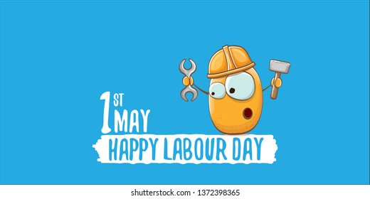 International labour day horizontal banner . vector funny cartoon brown smiling worker potato with engineer helmet holding hammer and wrench isolated on blue horizontal background. Mayday poster