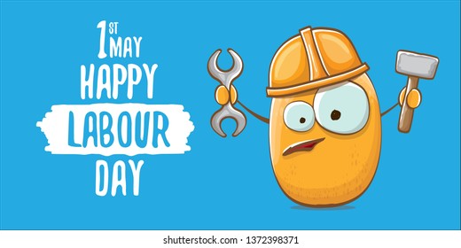 International labour day horizontal banner . vector funny cartoon brown smiling worker potato with engineer helmet holding hammer and wrench isolated on blue horizontal background. Mayday poster