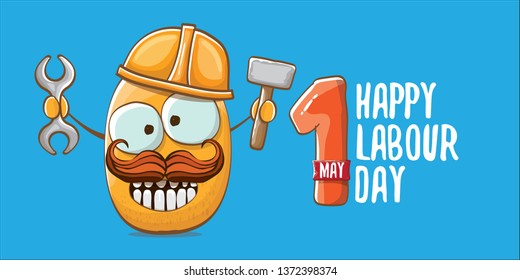 International labour day horizontal banner . vector funny cartoon brown smiling worker potato with engineer helmet holding hammer and wrench isolated on blue horizontal background. Mayday poster