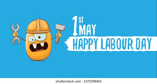 International labour day horizontal banner . vector funny cartoon brown smiling worker potato with engineer helmet holding hammer and wrench isolated on blue horizontal background. Mayday poster