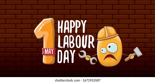 International labour day horizontal banner . vector funny cartoon brown smiling worker potato with engineer helmet holding hammer and wrench isolated on brick wall horizontal background. Mayday poster