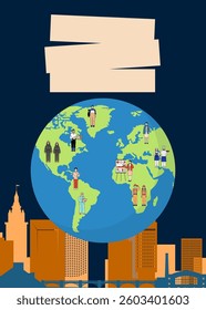 International Labour Day. Labor Day design concept for poster, banner, background, with workers and globe vector illustration.
