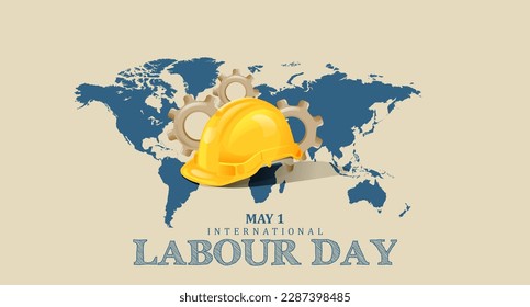 International labour Day May 1 Banner With Safety Helmet on World Map Illustration