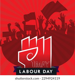 International Labour Day Vector post. Happy Labour Day 2023. 1st May Worker's Day. May 1st Labour Day with red flags, red hand and red background vector 