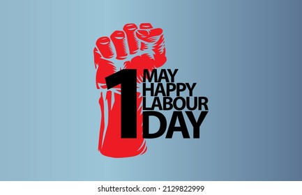 International Labour Day Vector Poster. Happy Labour Day. 1st May Worker's Day red hand and blue background vector poster.