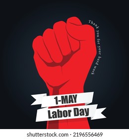 International Labour Day Vector Poster. Happy Labour Day. 1st May with red hand on black background. Thank you for your hard work.