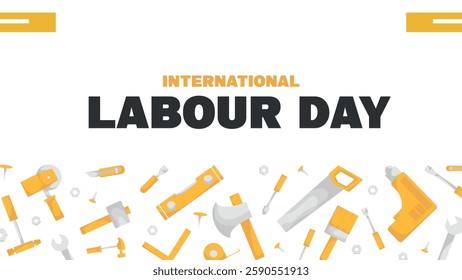 International Labour Day. Workers and construction tools for repair. Repairman. Poster, banner, booklet.