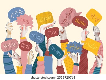 International languages collage. Language school, mixed media halftone crowd of raised hands holding speech bubbles with greetings in multiple languages. Global communication vector illustration.