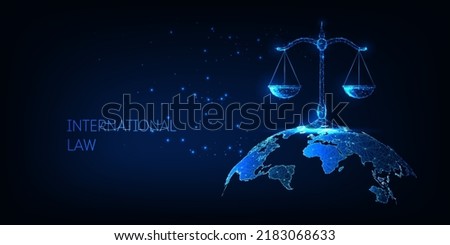 International law concept with scales and Earth map in futuristic glowing style on dark blue 