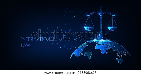 International law concept with scales and\
Earth map in futuristic glowing style on dark blue\
