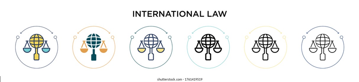 International law icon in filled, thin line, outline and stroke style. Vector illustration of two colored and black international law vector icons designs can be used for mobile, ui, web