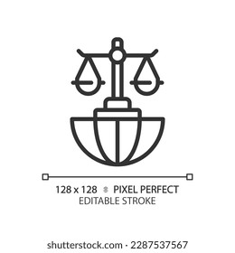 International law pixel perfect linear icon. Countries interaction regulation. Legal rules of states relationship. Thin line illustration. Contour symbol. Vector outline drawing. Editable stroke